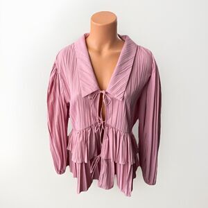 Stine Goya Pleated Poly Tie Front Top Size XL Pink Nectar NWT Balloon Sleeve